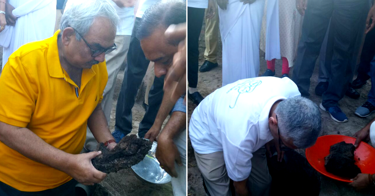 The CAG of India, and other digThe CAG of India, and other dignitaries descended into the pit, to take out the compost. Image Credit: Param Iyer (Twitter)nitaries descended into the pit, to take out the compost.