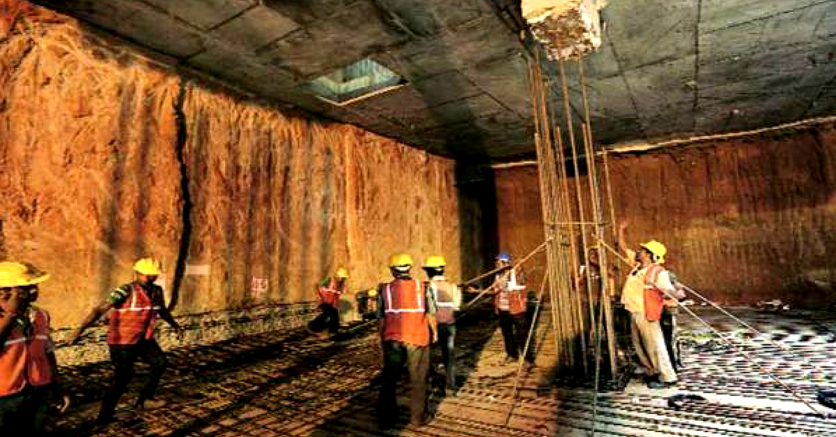 Workers excavating, to create the new section of Hauz Khas station, the Delhi Metro's deepest, with a depth of 29 metres. Image Credit; Twitter (The Indian Express)