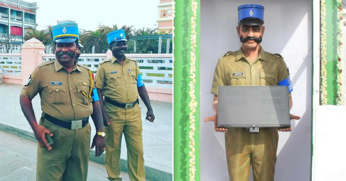 Constable Singham, as seen on the right, is a tourist kiosk, that will answer all your queries on Beach Road Pondicherry. Image Credit: Sarath A Pradeep and IPS Association. 