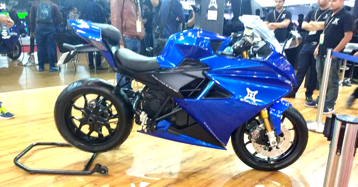 The Emflux One electric superbike, that was showcased at the Noida Auto Expo 2018. Image Credit: <a href="https://www.facebook.com/photo.php?fbid=2012699115412688&amp;set=a.122990764383542.21975.100000178573127&amp;type=3&amp;theater">Prashant Singh Shekhawat</a>