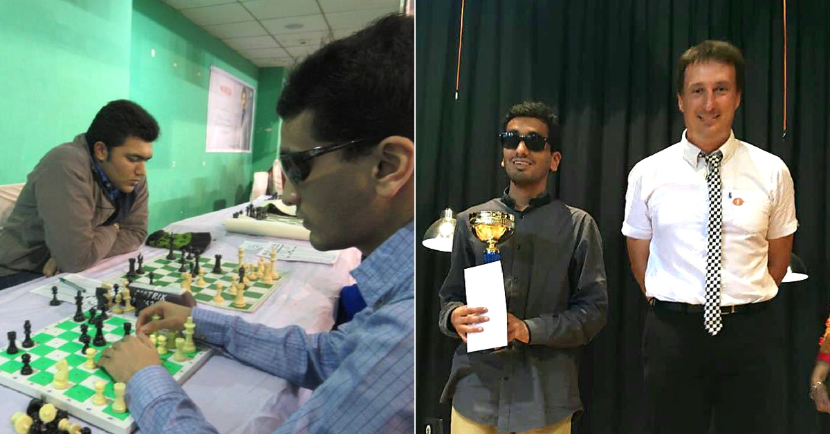 Visually impaired chess player Darpan Inani shows his opponents he