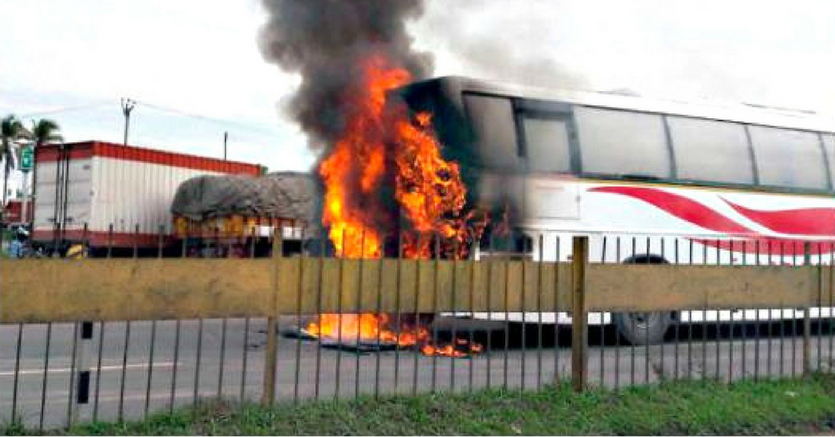 The Karnataka KSRTC Bus caught fire, and the passengers were rescued thanks to the driver. Image Credit: Sanatan Das