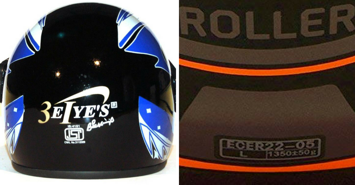 The helmets have been standardised according to various safety protocols, like the ISI (left) and ECE (right) ratings. Photo Credits: SBS Nagar Police (left), Amazon (right)