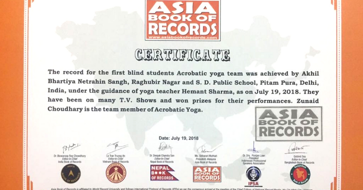 The visually-challenged children in Delhi's Blind Yoga Artists group have been mentioned in the Asia Book of Records. Photo Source