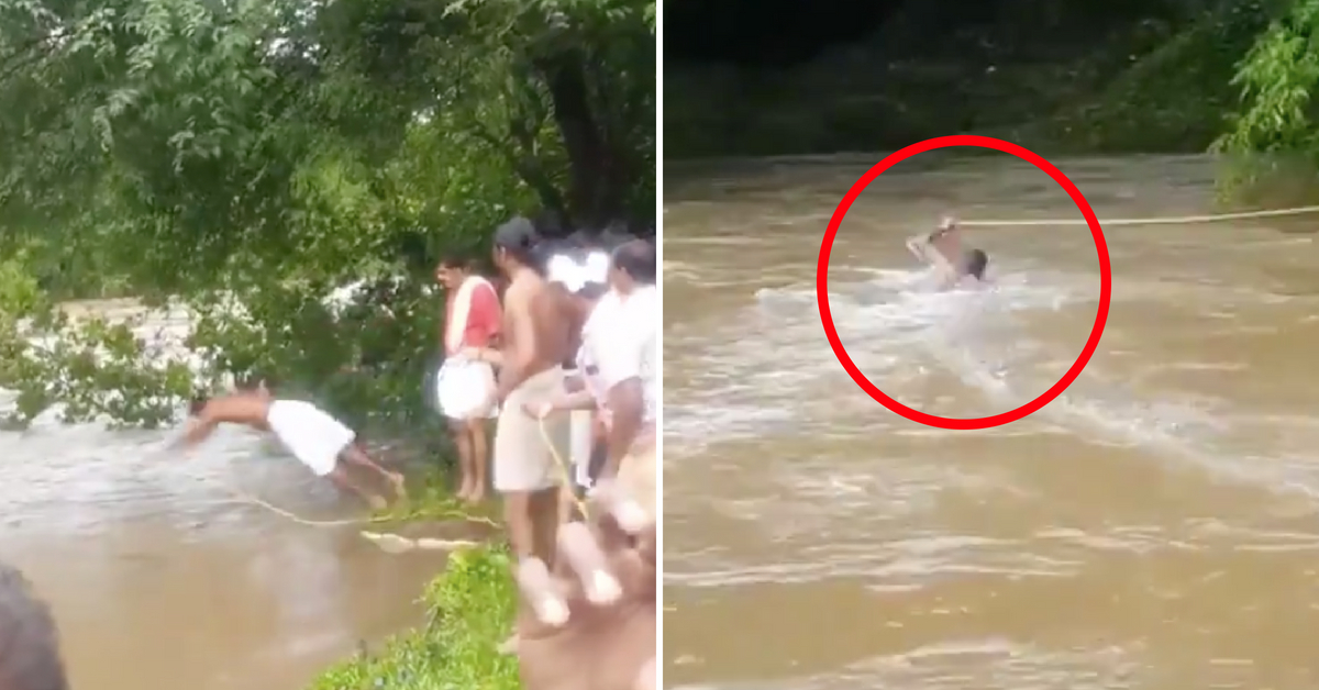 #KeralaFloods: Man Dives Into Raging River, Risks Life To Set Up Crucial Supply Line!
