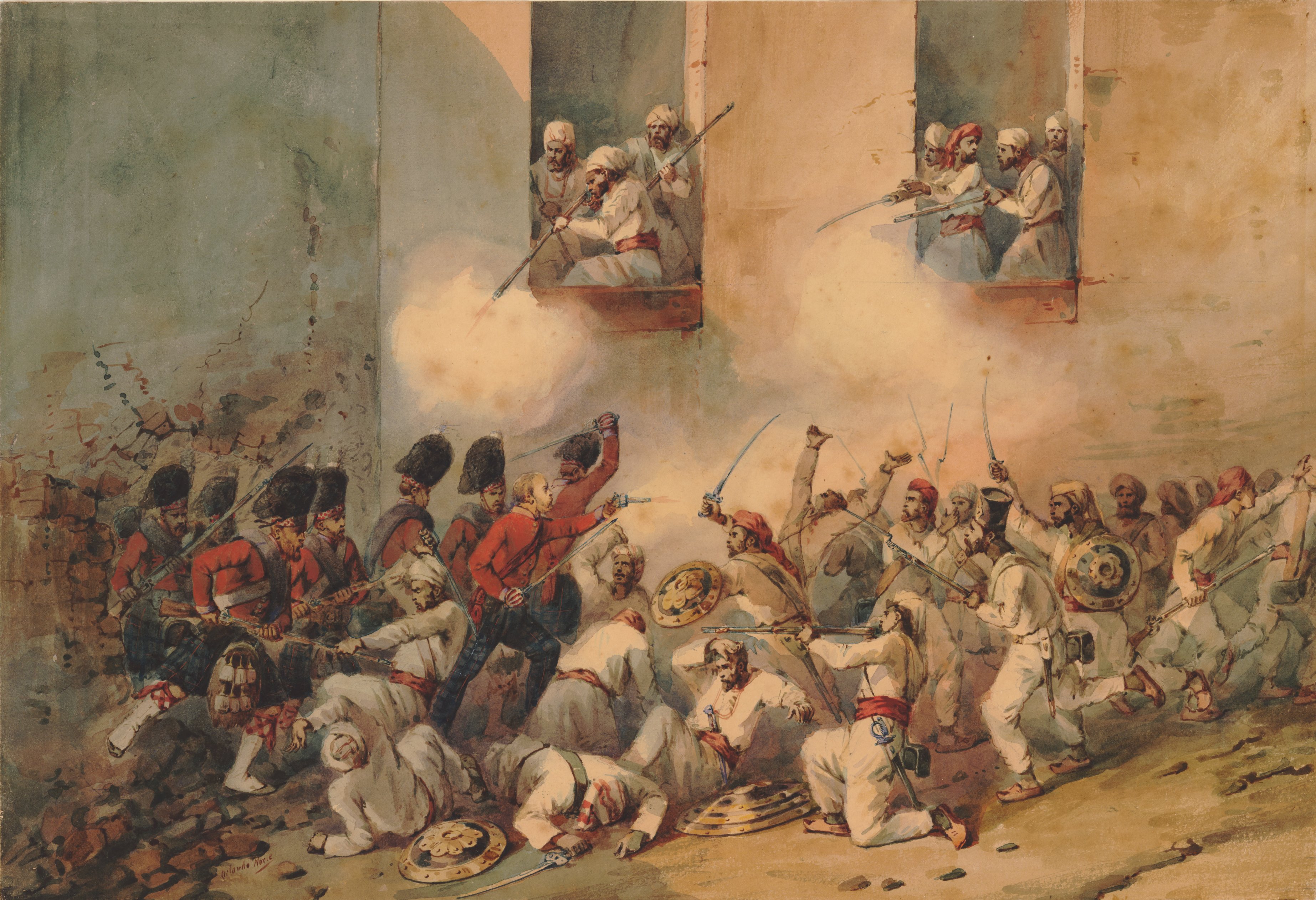 The 78th Highlanders at the taking of Sucunderabagh, Siege of Lucknow, by Orlando Norie. 1857. Watercolor. The Anne S. K. Brown Military Collection, Brown University Library.