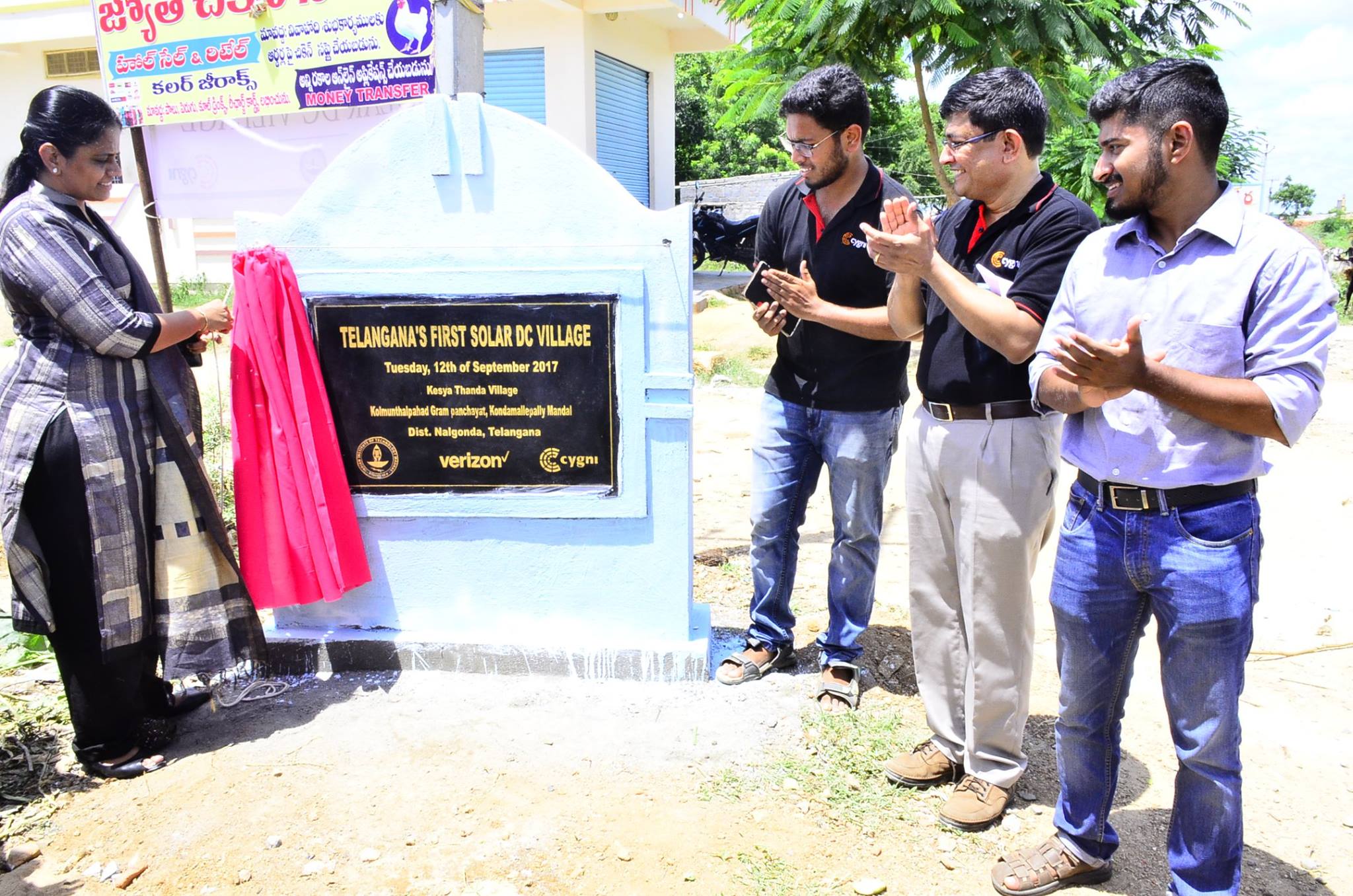 Unveiling a stone plaque at Kesya Thanda village in Devarakonda Mandal, Nalgonda district, Telangana, marking the launch of Solar DC project. Source: Facebook.