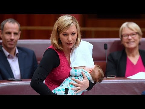 Australian Senator Larissa Waiters breastfeeding in her country's Parliament. (Source: YouTube)