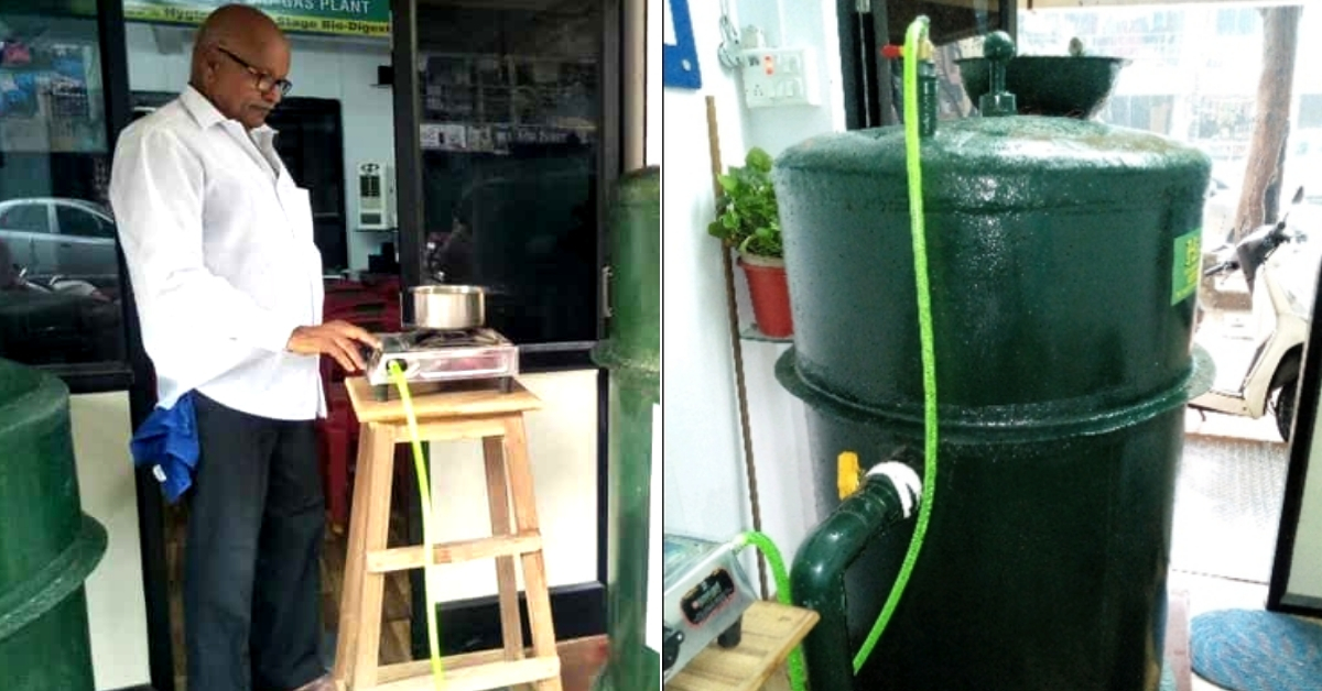 Rajagopalan Nair with his portable biogas plant. (Source: India Mart)