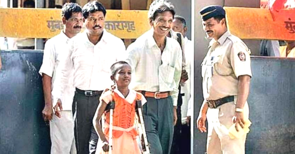 A young Devika Rotawan on crutches walking with her father to court. (Source: Devika Rotawan)