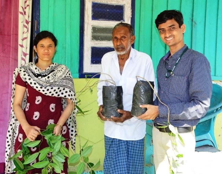 Pooja Bohra and Ajit Arun Waman distributing the blood fruit seedlings to a farmer. (Source: India Science Wire)