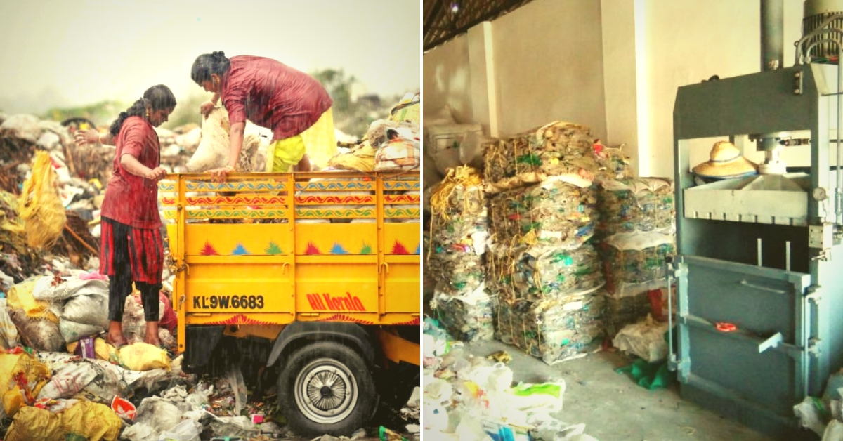 For representational purposes. On the left you have Kudumbasree workers collecting plastic waste. On the right you have a plastic waste processing unit. (Source: Kerala government/Facebook) 