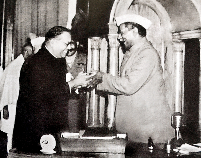 Dr BR Ambedkar and President of the Constituent Assembly Rajendra Prasad. (Source: Wikimedia Commons)