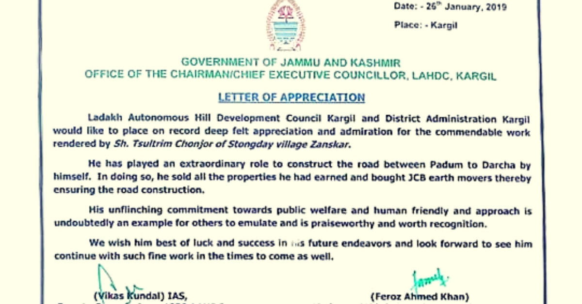 Letter of appreciation signed by Vikas Kundal, IAS, Deputy Commissioner-Kargil District and Feriz Ahmed Khan, Chief Executive Councillor, LAHDC, Kargil. (Source: Facebook) 