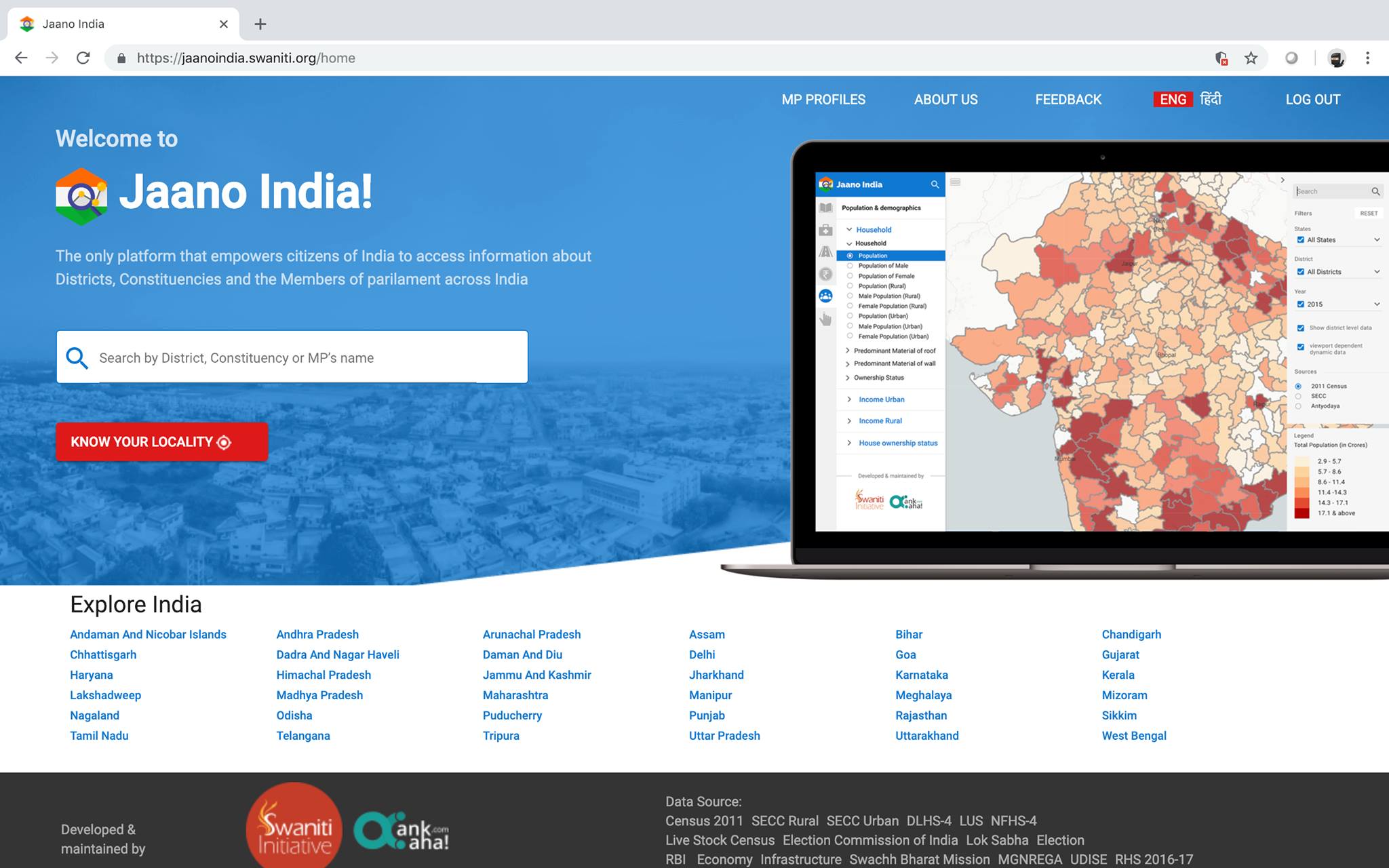 Jaano India Platform home page. 