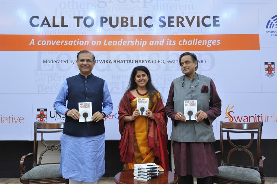 BJP MP Jayant Sinha and Congress MP Shashi Tharoor at the launch of Rwitwika Bhattacharya's book 'What Makes a Politician'. (Source: Facebook/Manu S)