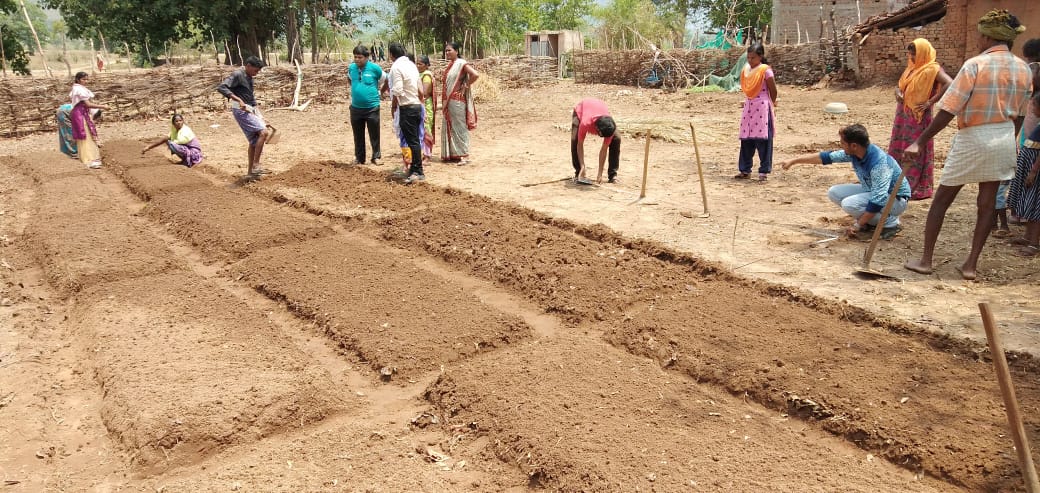 Field demonstration on Lay out and community nursery bed preparation was conducted in Hariharpur village, Champadeipur Grampanchayat, Lanjigarh block, Kalahandi. (Source: Samagra)