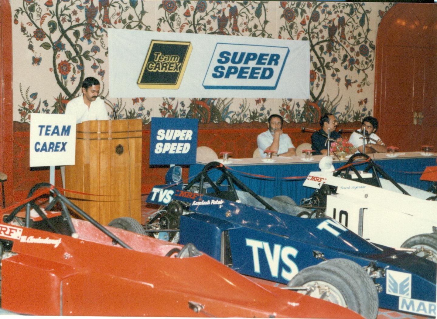 Formula India Single Seater Maruti Engine is Kari's greatest contribution to Indian motorsport. Here he is seen at the grand launch of FISSME in 1988 at the Taj Hotel in Madras. (Source: Facebook/Vicky Chandhok) 