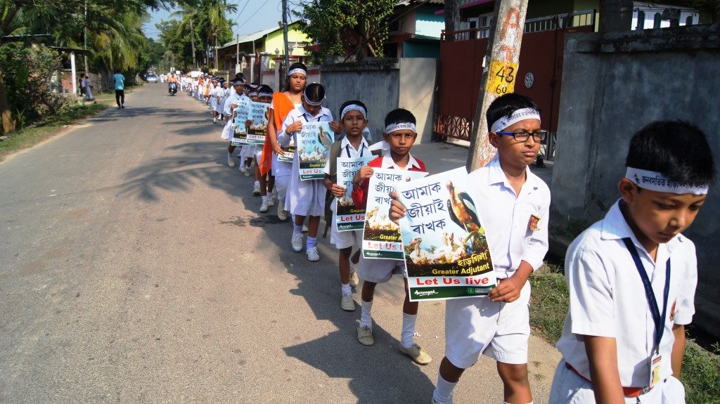 Local children attending a rally to protect the Hargila. (Source: Facebook)