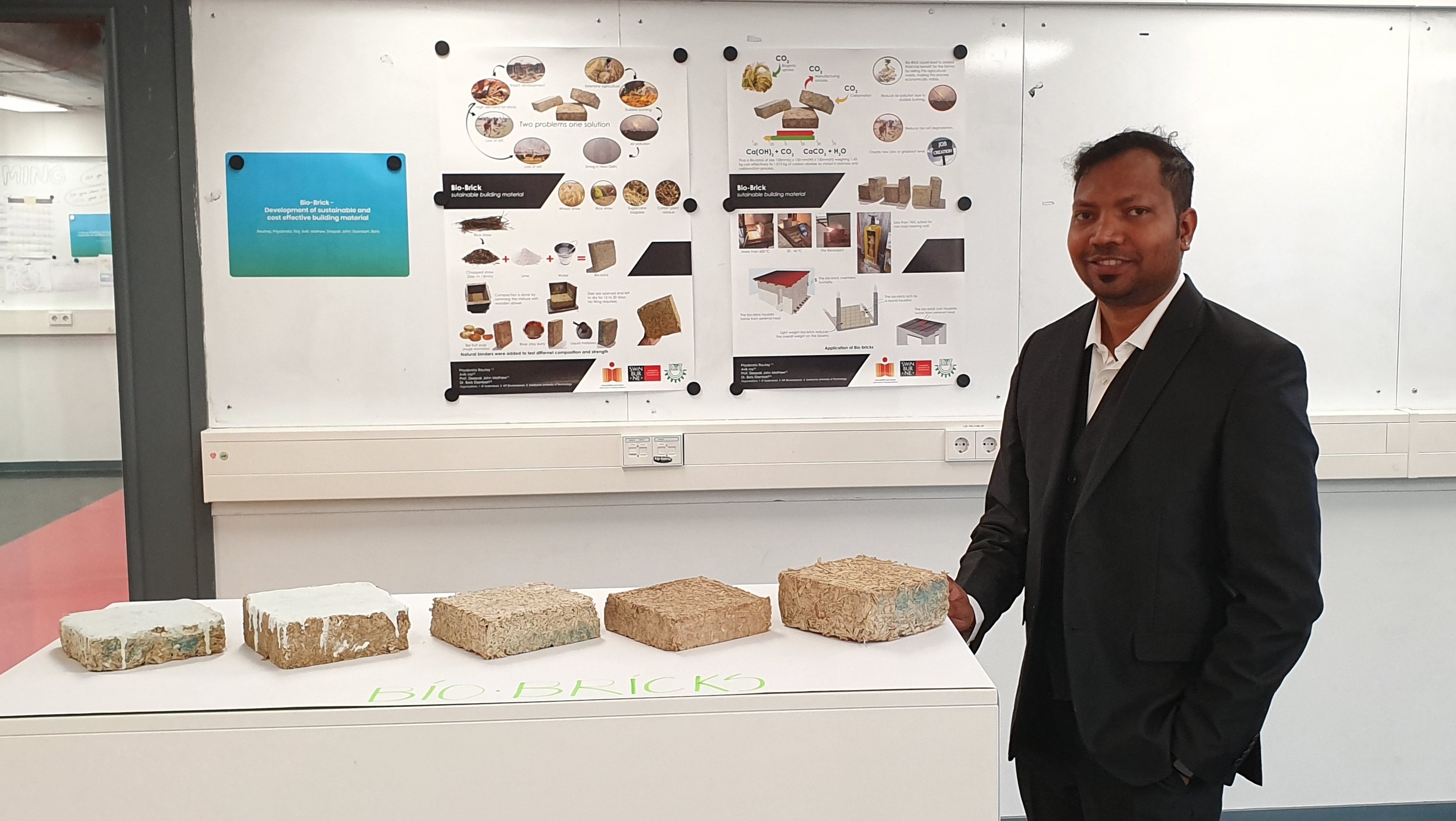 Ar. Priyabrata Rautray, PhD scholar, Design Department, IIT Hyderabad, with the ‘Bio-Bricks’ at International Conference on Engineering Design (ICED-2019) at TU Delft, Netherlands. (Source: IIT-Hyderabad)