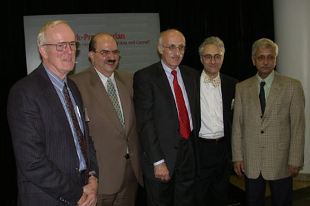 2002 Pollin Prize in Pediatric Research winners for development of oral rehydration therapy :(left to right) Nathaniel Pierce, David Nalin, Norbert Hirschorn, Rudi Leiber, Dilip Mahalanabis. (Source: https://www.nlm.nih.gov)