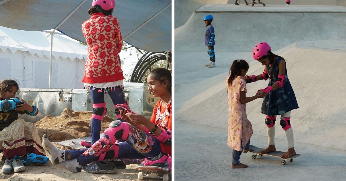 Girls practicing skateboarding