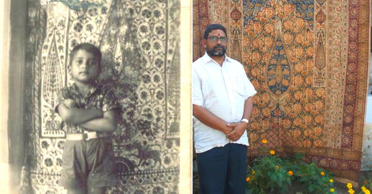 Childhood and current photo of Srinivas against Kalamkari fabric