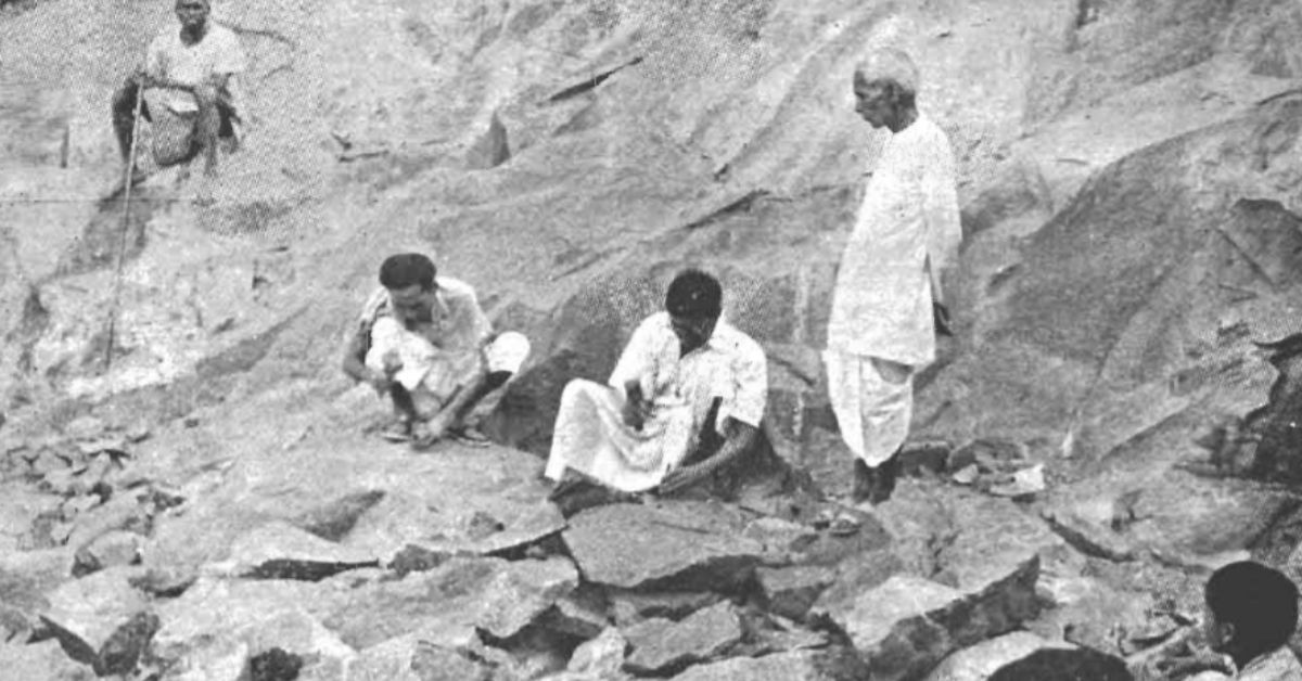 Artisans extract stone from a quarry 