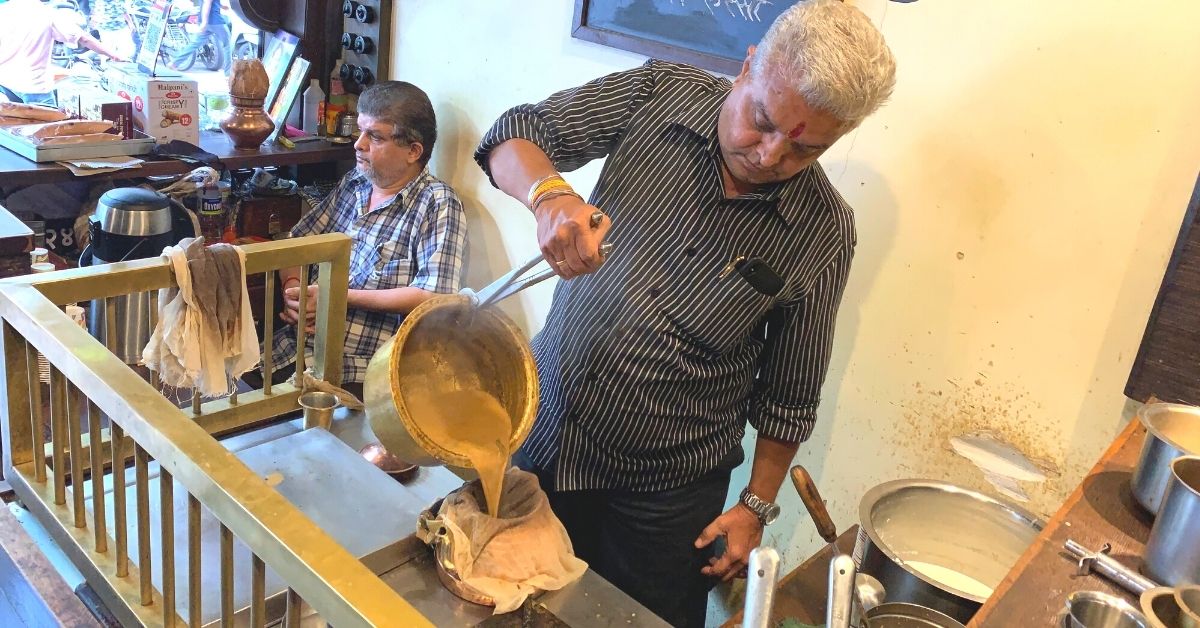 Chandrashekhar Narvekar pouring freshly brewed tea Aadya Amruttulya.