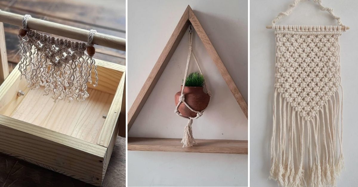 Handmade macrame planters and wall hangings.