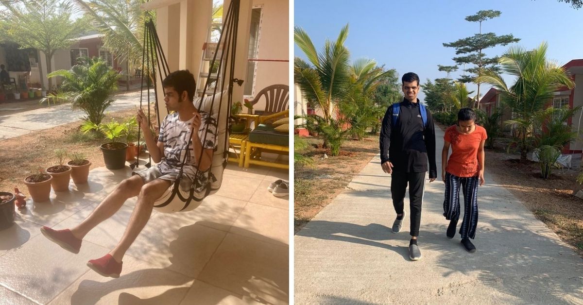 Tanmay sitting by the porch (left) and taking a stroll (right): Autism Guardian Village
