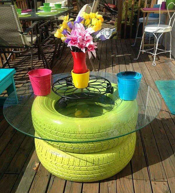 Coffee table made out of old tyres.