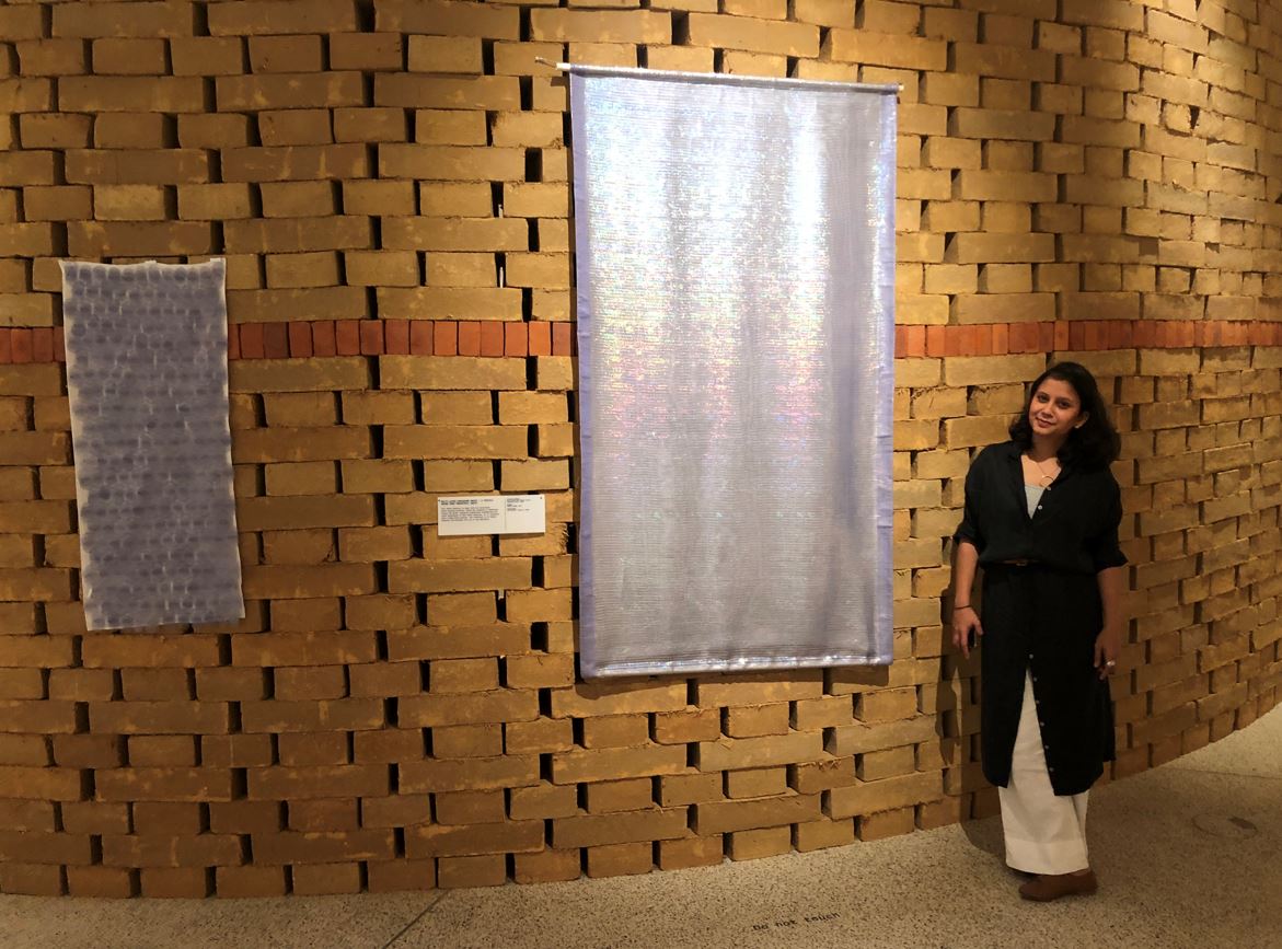 Shubhi Sacab with her creation from industrial waste at the ongoing `WASTE AGE' exhibition at Design Museum in London.