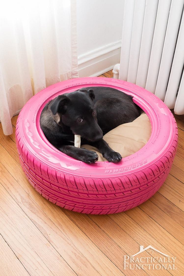 Tempat tidur anjing peliharaan DIY dari ban bekas.