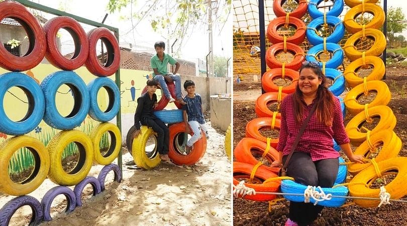 Anuya near the play station she made out of worn-out tyres.