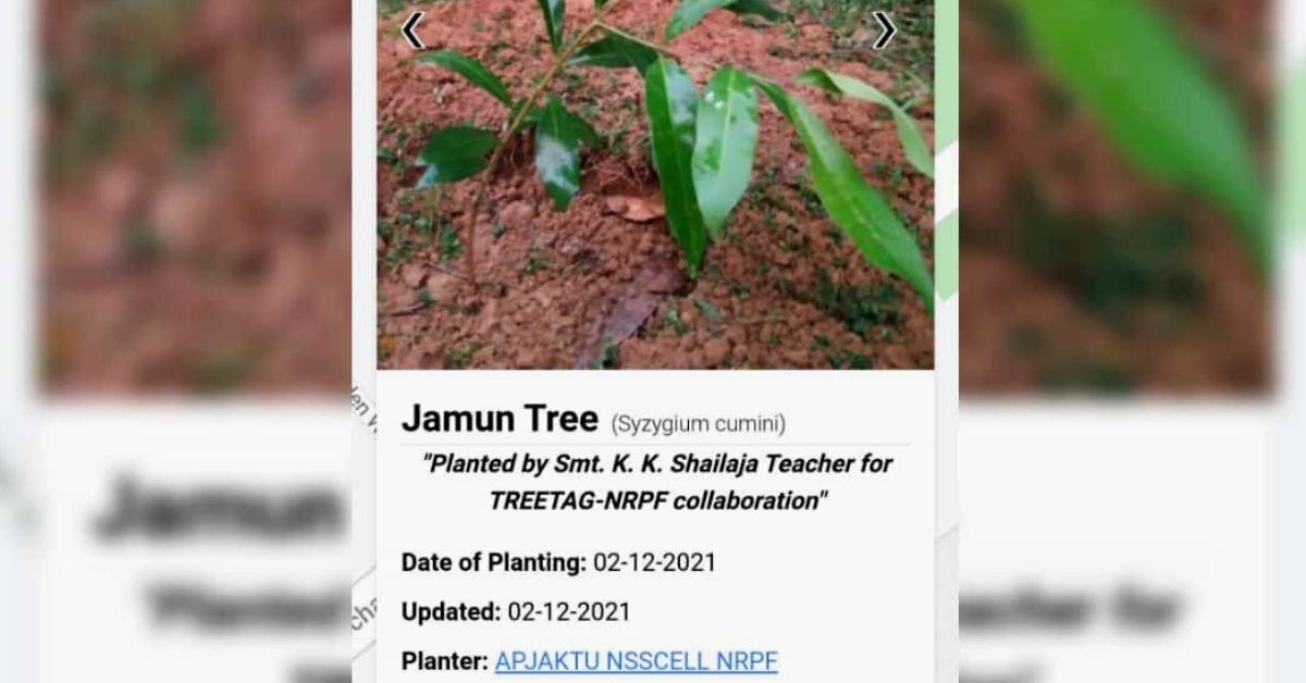 Tree Tag app showing details of a sapling planted by KK Shailaja teacher