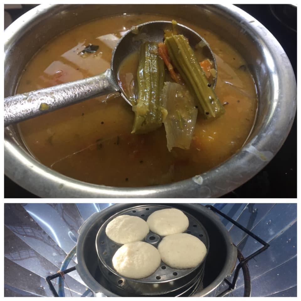 Drumstick sambar and idli cooked in the solar cooker. 