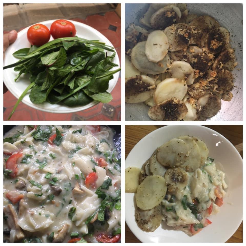 A collage of fresh tomato and spinach from the terrace along with a preparation of baked vegetables. 