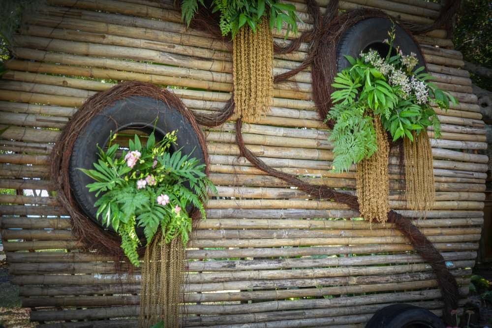 A vertical planter out of worn-out tyres