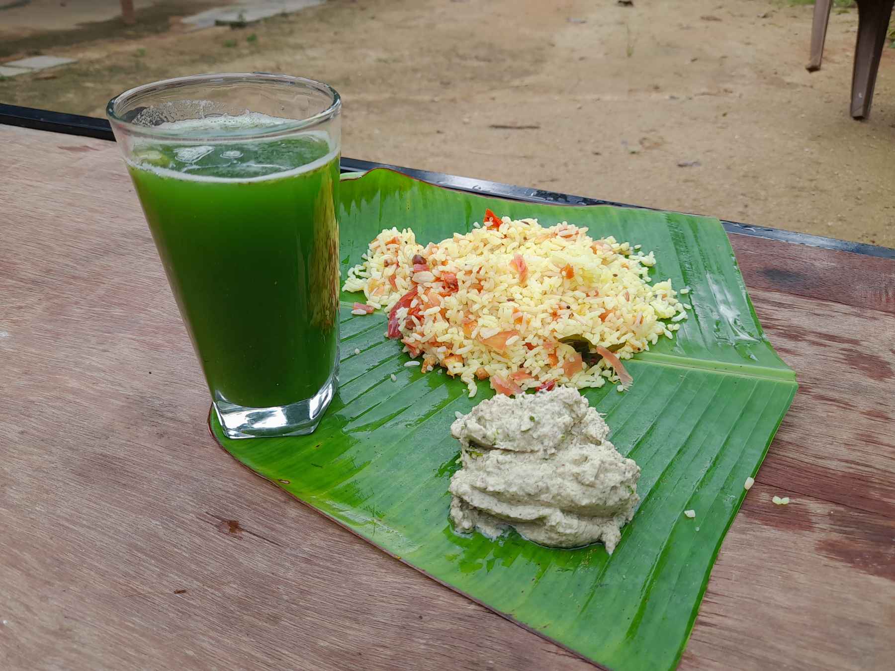 A simple meal served on a banana leaf at the farmstay