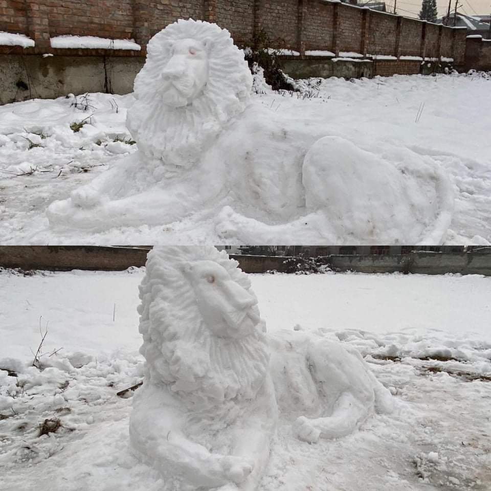 seniman salju di Kashmir memahat singa