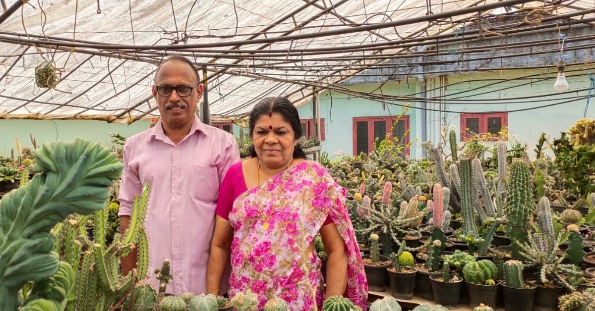 Balakrishnan E with his wife Baby at his cacti garden on the terrace