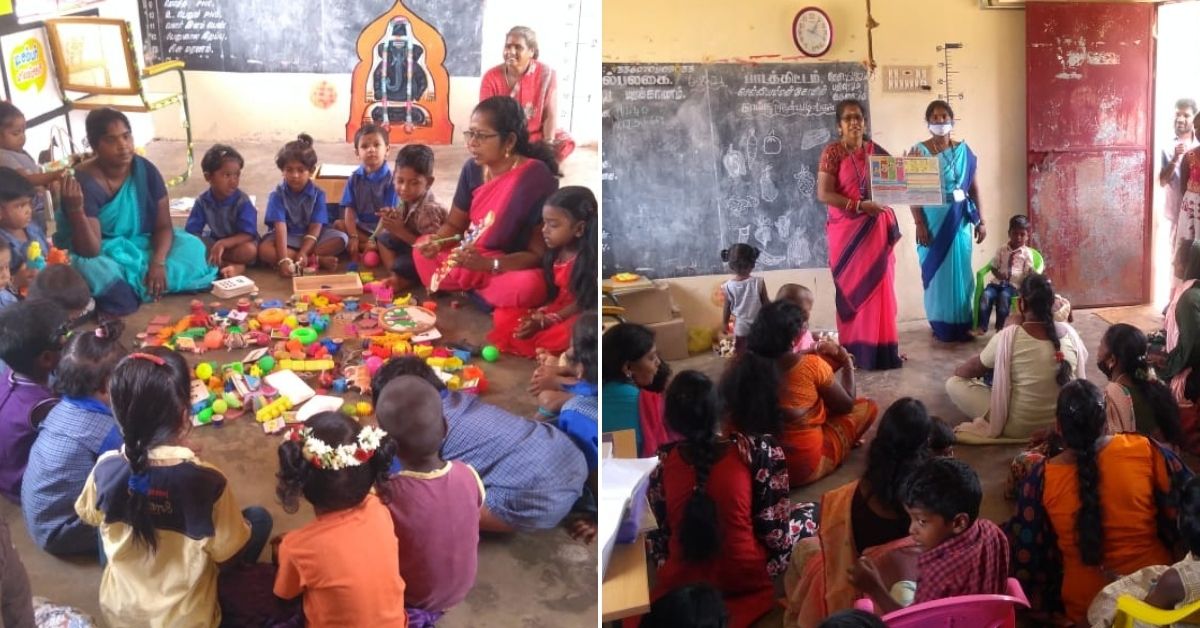 S Sumathi with her students at the anganwadi
