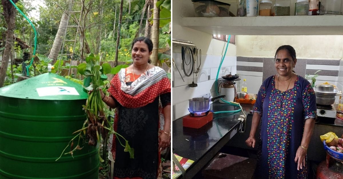 Women using water hyacinth-based biogas at home