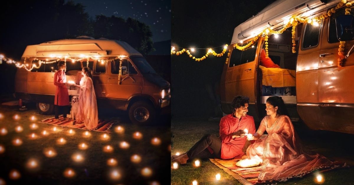 couple celebrates diwali outside their campervan