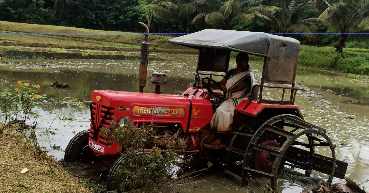 P Bhuvaneshwari on her tractor