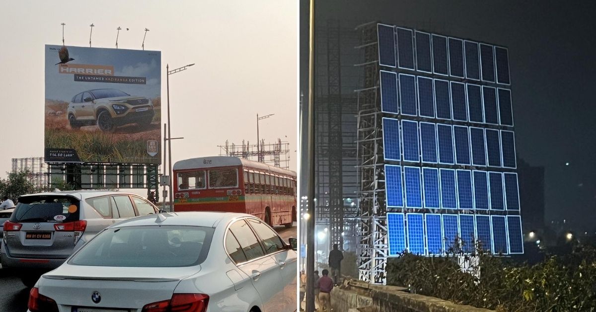 A solar billboard with 40 solar panels installed near Bandra RoB