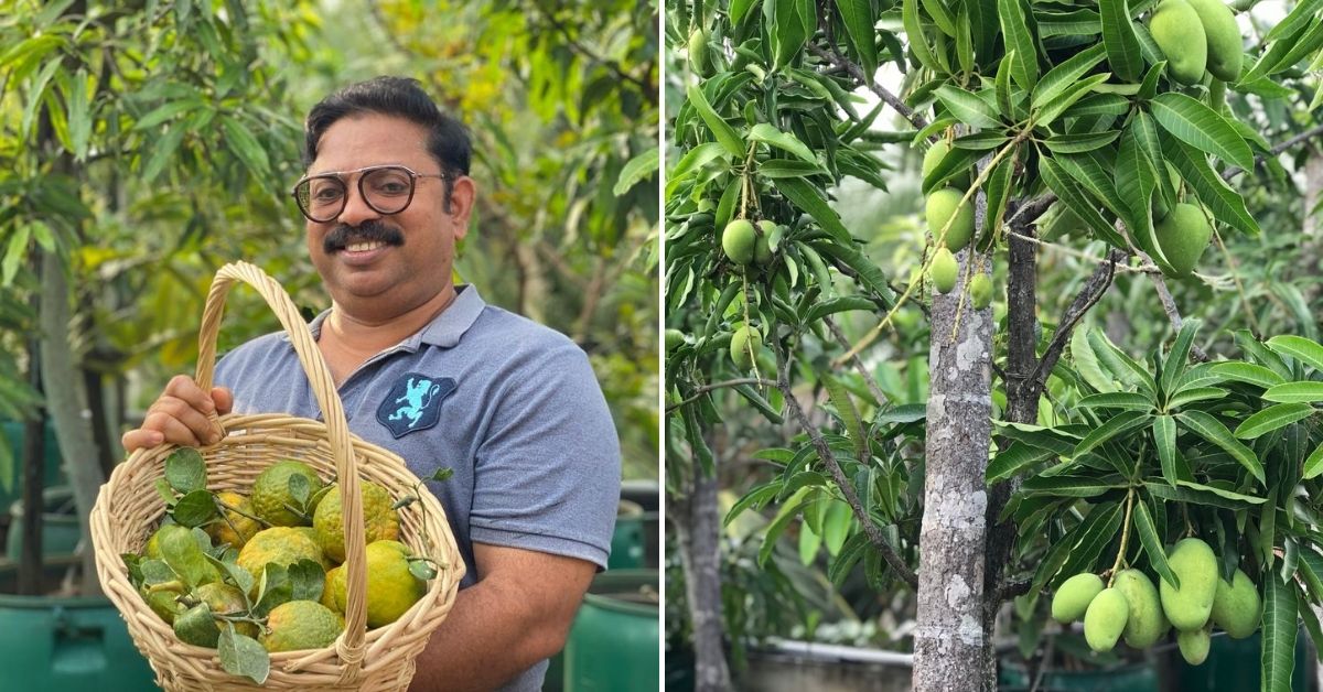 Abdurazak with his produce from his fruit trees on his terrace