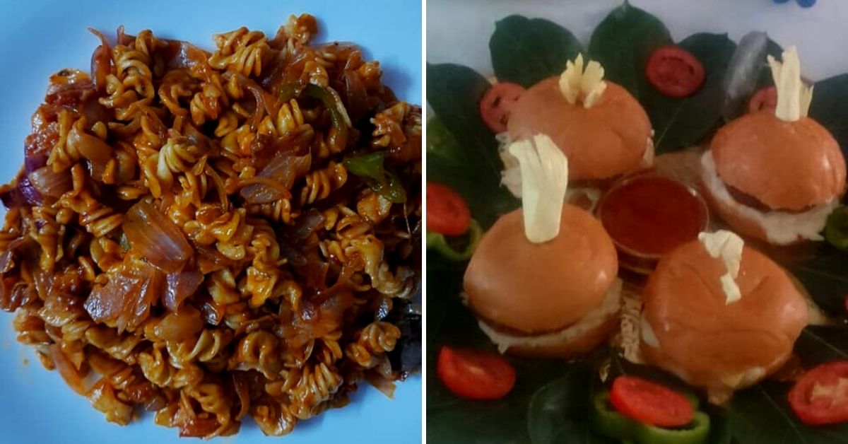 Jackfruit pasta and burger with patty made of raw jackfruit