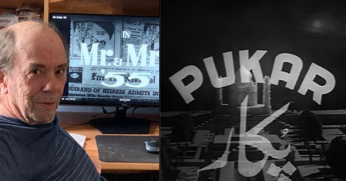 thomas daniel, an american youtuber who restores classic indian movies, sits in front of a computer while editing mr and mrs 55, and a poster of the indian movie pukar